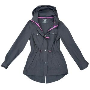 LLBean Womens XXS Reg Gray Hooded Utility Jacket Drawstring Waist Snap Buttons